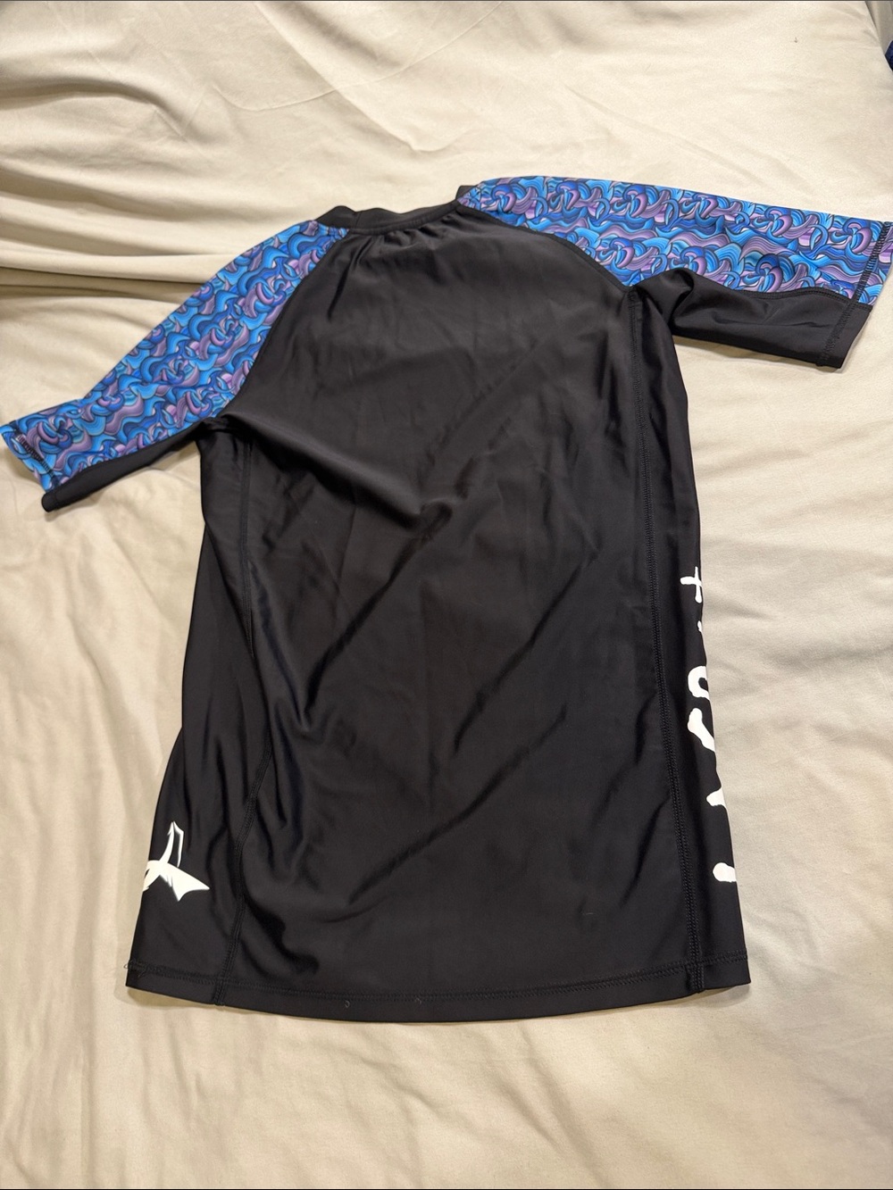 Men's Black Rash Guard with Blue Patterned Raglan Sleeves - Picture 5 of 5